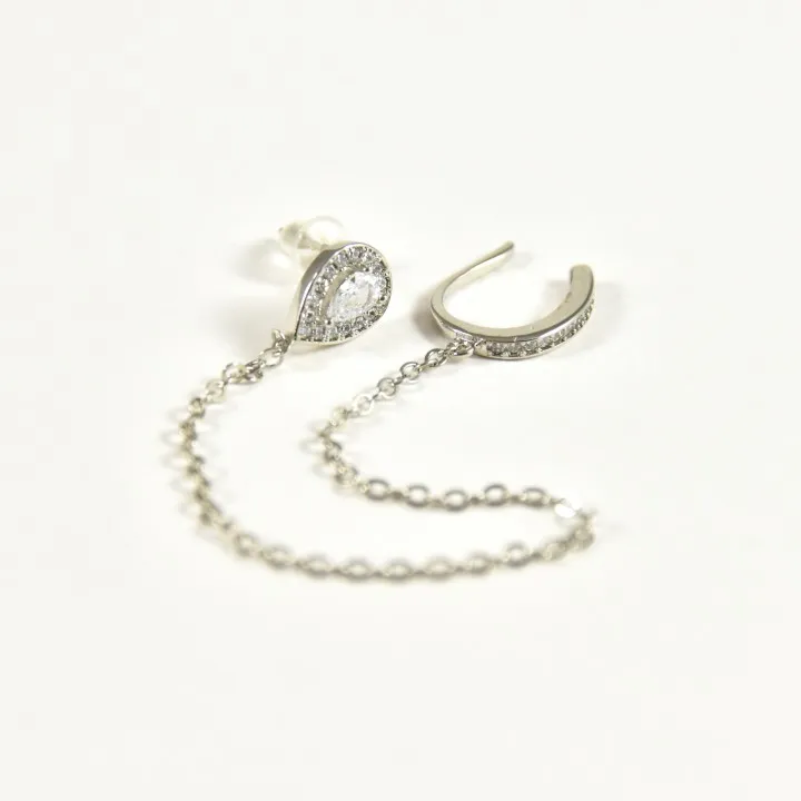BOUCLE DOUBLE STRASS CHAINETTE ACIER INOXYDABLE SILVER PETIT PRIX
