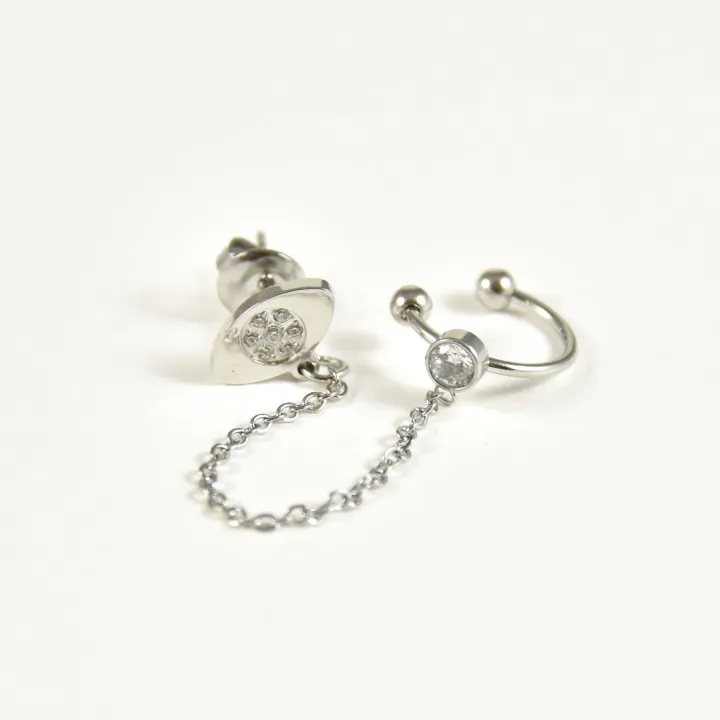 PUCE DOUBLE OEIL STRASS CHAINETTE ACIER INOXYDABLE SILVER PETIT PRIX