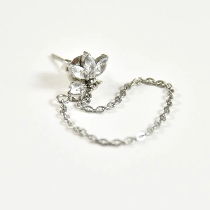 PUCE FLEUR STRASS ET CHAINETTE ACIER INOXYDABLE SILVER PETIT PRIX