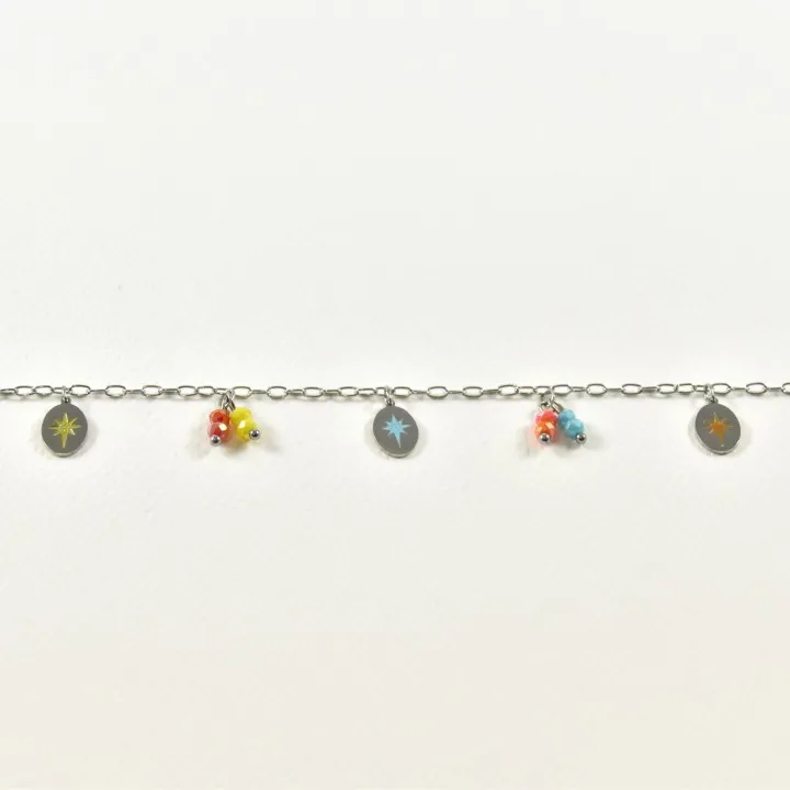 CHAINE DE CHEVILLE PERLES ETOILES ACIER INOXYDABLE SILVER PETIT PRIX