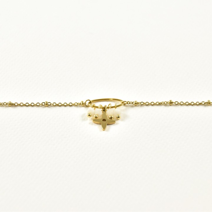 BRACELET PERLES GRIS METALLISE MEDAILLON ACIER INOX GOLD PETIT PRIX