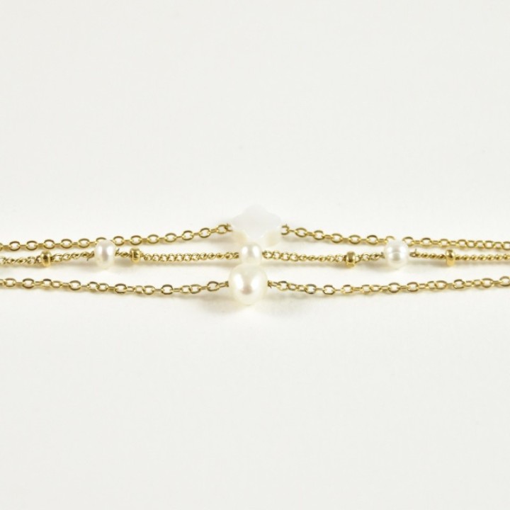 BRACELET TRIPLE NACRE TREFLE ET PERLES ACIER INOXYDABLE GOLD PETIT PRI