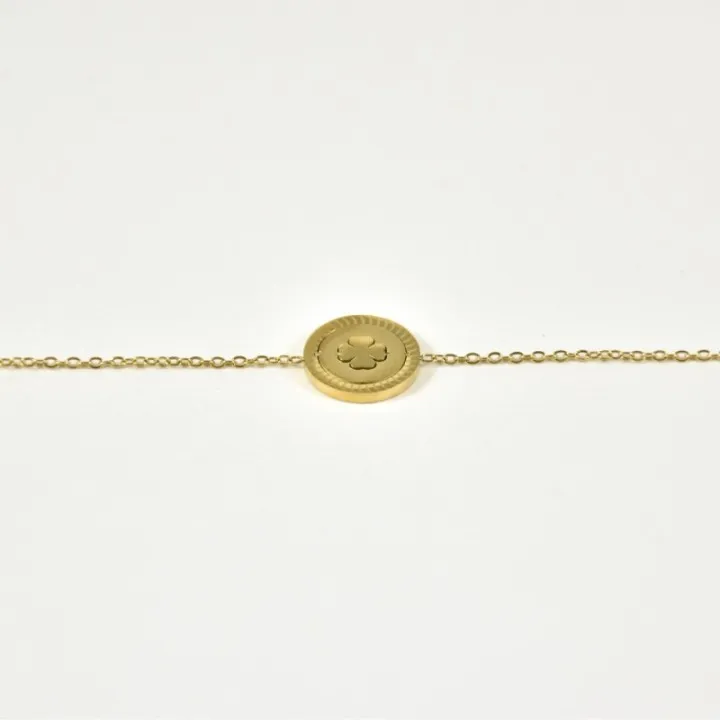 BRACELET MEDAILLE RONDE TREFLE ACIER INOXYDABLE GOLD PETIT PRIX