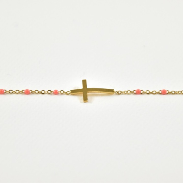 BRACELET PERLES ROSES CROIX ACIER INOXYDABLE GOLD PETIT PRIX