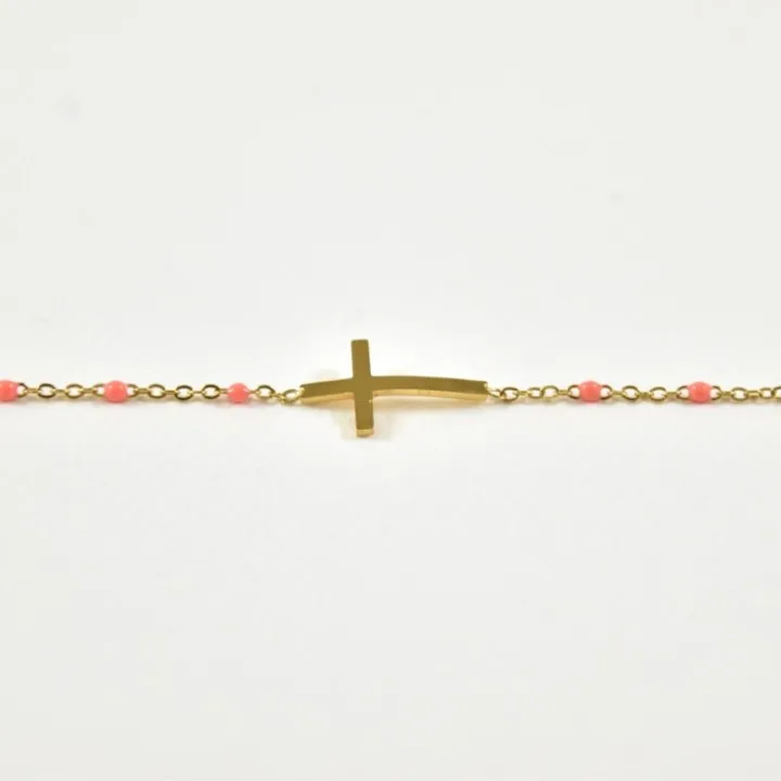 BRACELET PERLES ROSES CROIX ACIER INOXYDABLE GOLD PETIT PRIX
