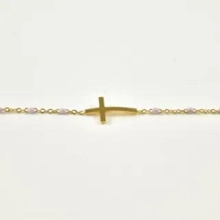 BRACELET PERLES MAUVES CROIX ACIER INOXYDABLE GOLD PETIT PRIX