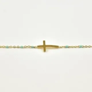 BRACELET PERLES VERTES CROIX ACIER INOXYDABLE GOLD PETIT PRIX