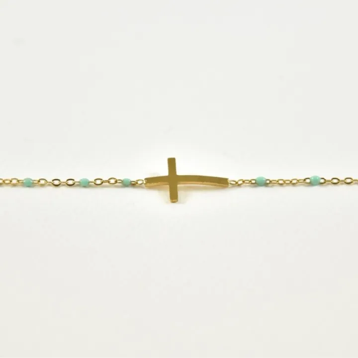 BRACELET PERLES VERTES CROIX ACIER INOXYDABLE GOLD PETIT PRIX