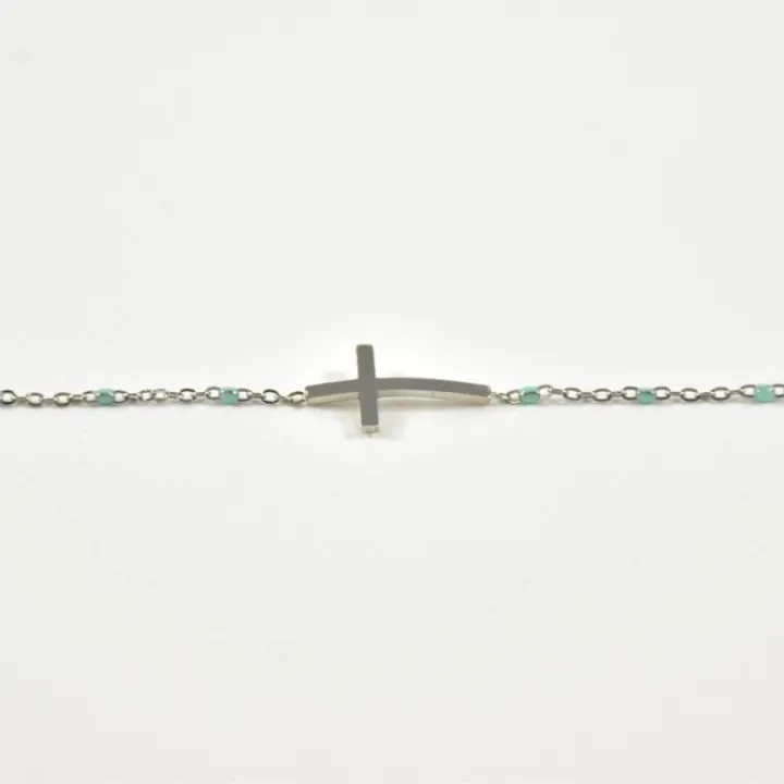 BRACELET PERLES VERTES CROIX ACIER INOXYDABLE SILVER PETIT PRIX