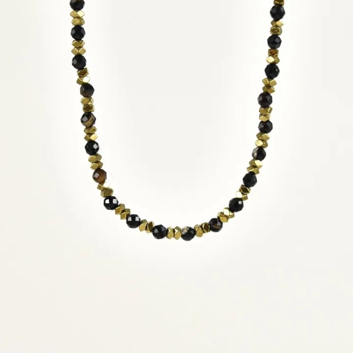 COLLIER PERLES NOIRES ET GOLD ACIER INOXYDABLE GOLD PETIT PRIX