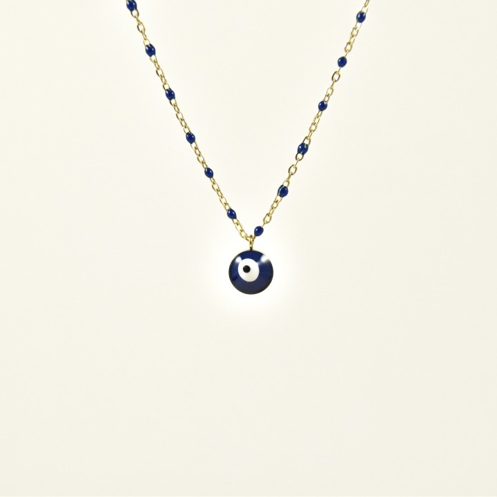 COLLIER PERLES ET OEIL BLEUS MARINE ACIER INOXYDABLE GOLD PETIT PRIX