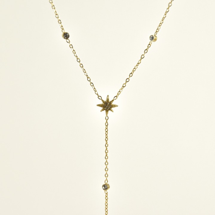 COLLIER CRAVATE ETOILE STRASS ACIER INOXYDABLE GOLD PETIT PRIX