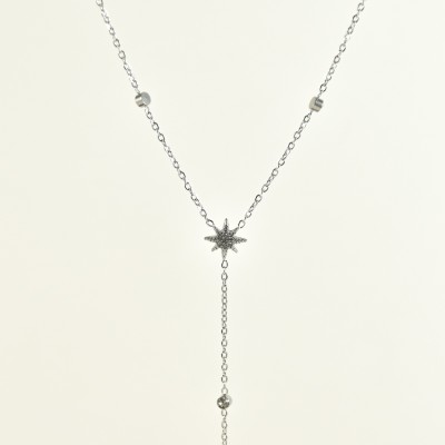 COLLIER CRAVATE ETOILE STRASS ACIER INOXYDABLE SILVER PETIT PRIX
