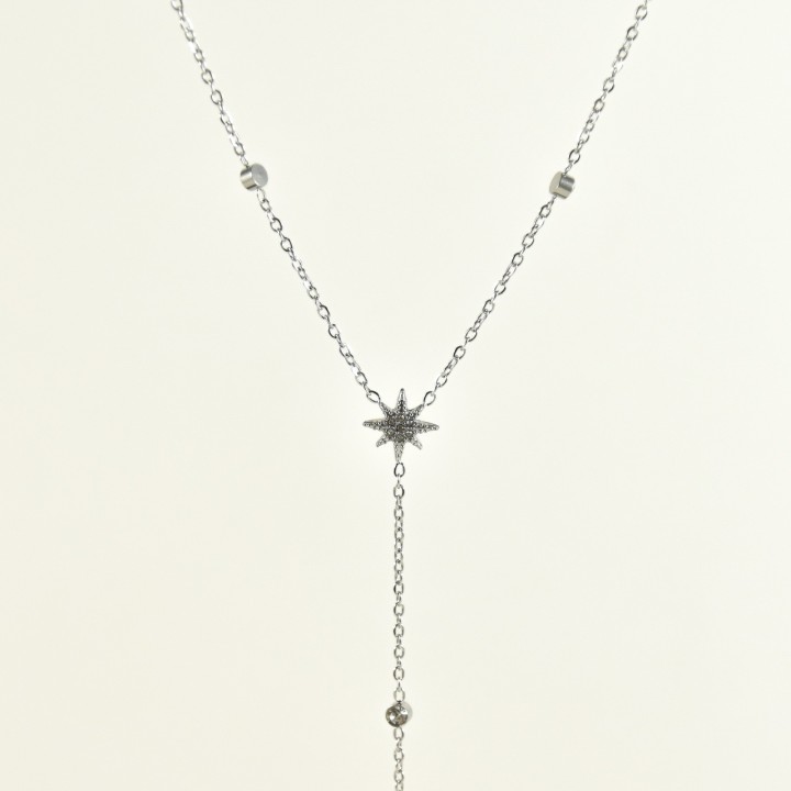 COLLIER CRAVATE ETOILE STRASS ACIER INOXYDABLE SILVER PETIT PRIX