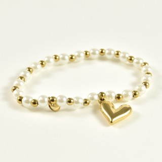 BRACELET PERLES GRIS METALLISE MEDAILLON ACIER INOX GOLD PETIT PRIX