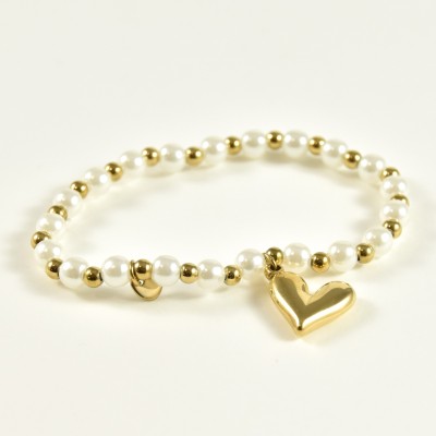 BRACELET ELASTIQUE PERLES COEUR ACIER INOXYDABLE GOLD PETIT PRIX