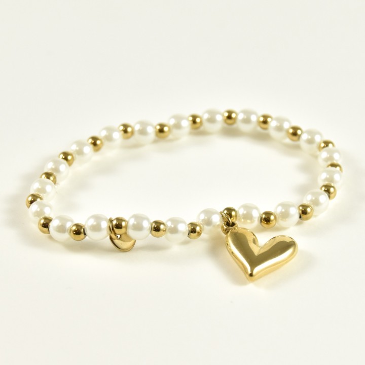 BRACELET ELASTIQUE PERLES COEUR ACIER INOXYDABLE GOLD PETIT PRIX