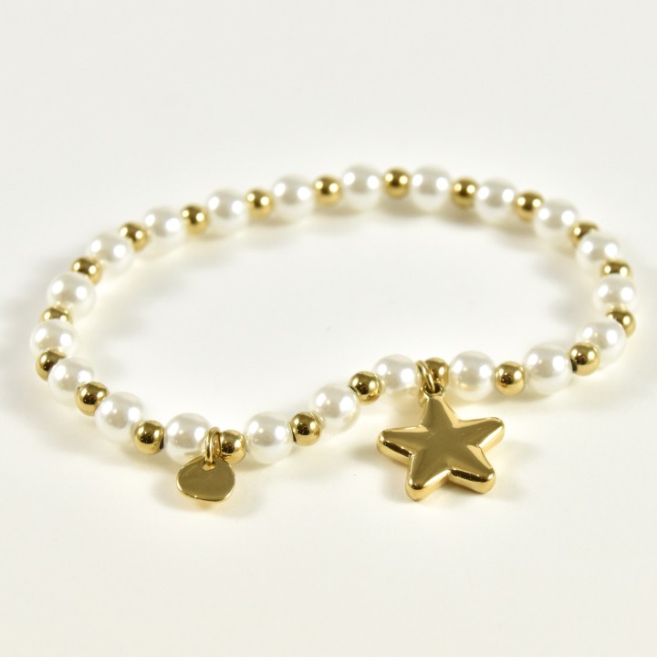 BRACELET PERLES GRIS METALLISE MEDAILLON ACIER INOX GOLD PETIT PRIX