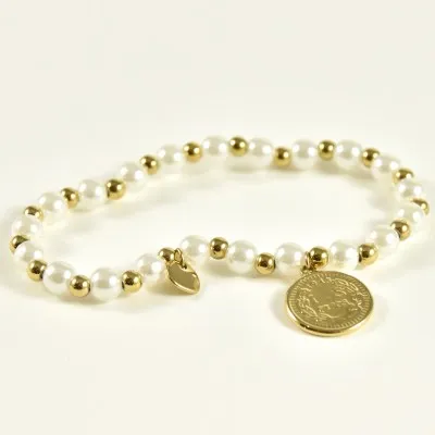BRACELET PERLES GRIS METALLISE MEDAILLON ACIER INOX GOLD PETIT PRIX