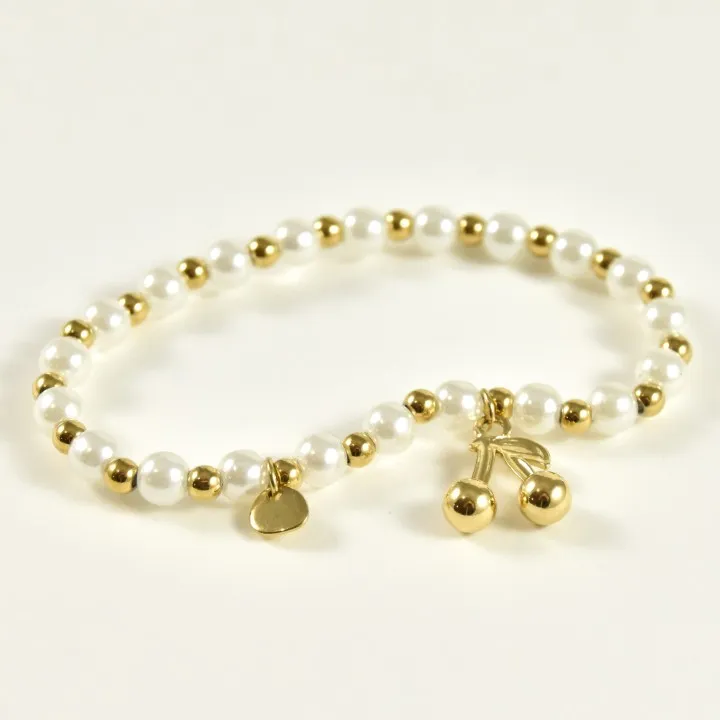 BRACELET ELASTIQUE PERLES CERISES ACIER INOXYDABLE GOLD PETIT PRIX
