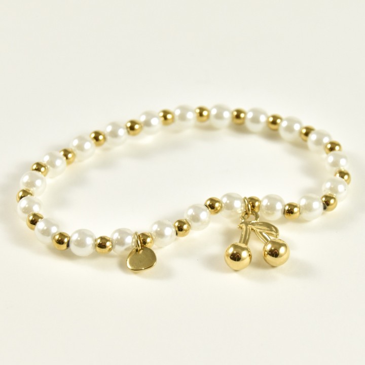 BRACELET PERLES GRIS METALLISE MEDAILLON ACIER INOX GOLD PETIT PRIX