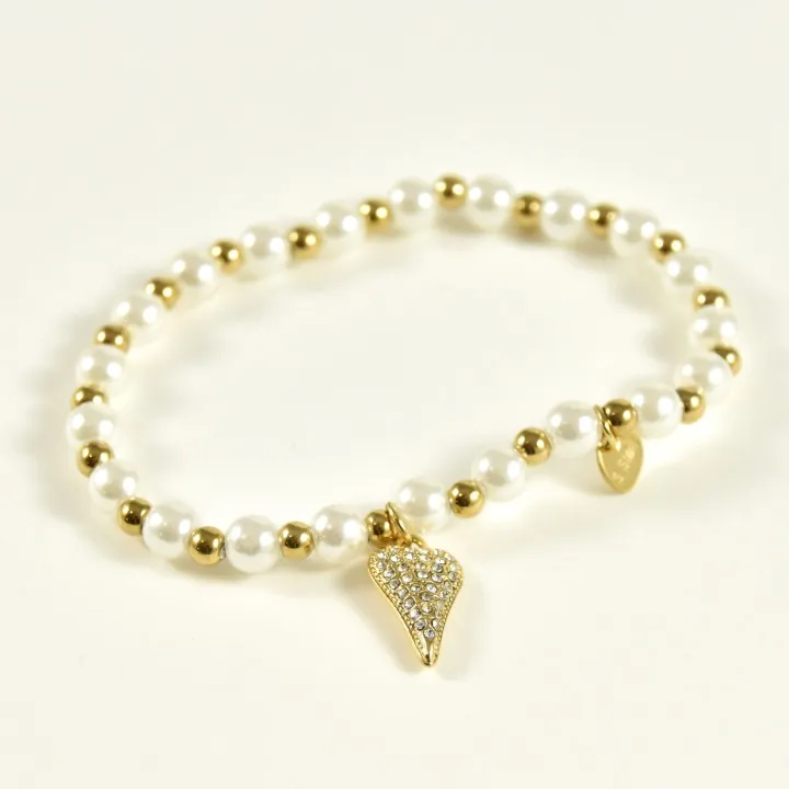 BRACELET PERLES GRIS METALLISE MEDAILLON ACIER INOX GOLD PETIT PRIX