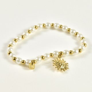 BRACELET PERLES GRIS METALLISE MEDAILLON ACIER INOX GOLD PETIT PRIX