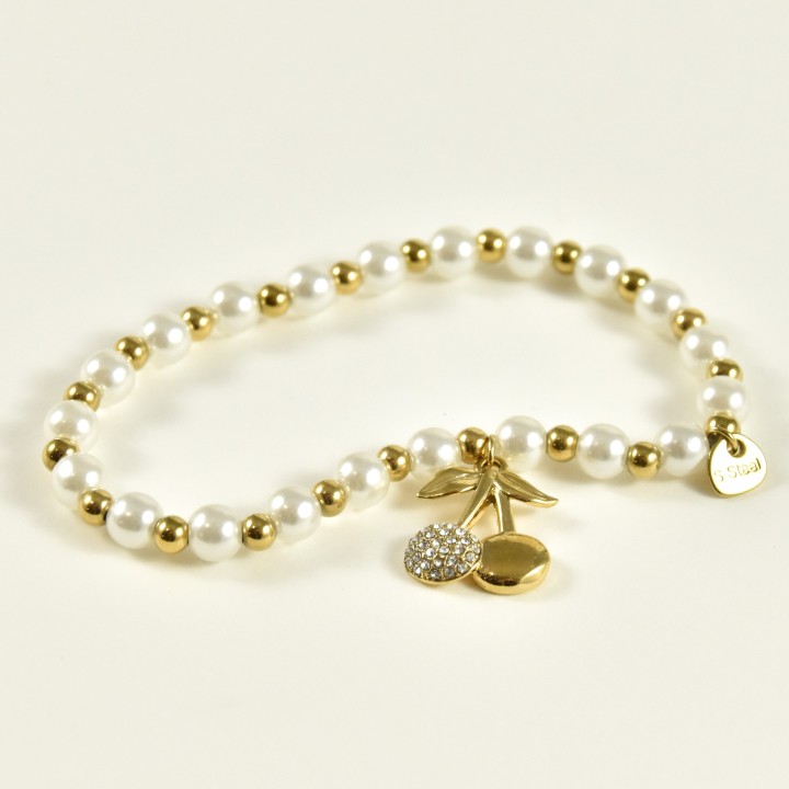 BRACELET ELASTIQUE PERLES CERISES STRASS ACIER INOX GOLD PETIT PRIX
