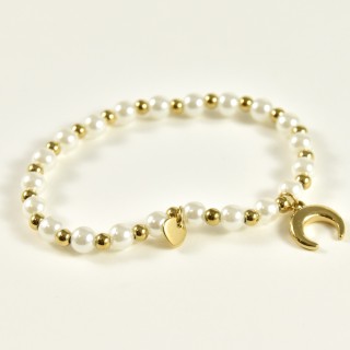 BRACELET ELASTIQUE PERLES LUNE ACIER INOX GOLD PETIT PRIX