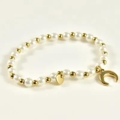 BRACELET ELASTIQUE PERLES LUNE ACIER INOX GOLD PETIT PRIX