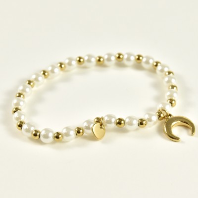 BRACELET PERLES GRIS METALLISE MEDAILLON ACIER INOX GOLD PETIT PRIX