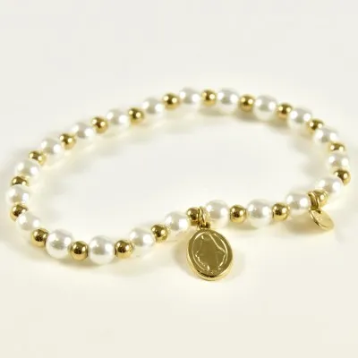 BRACELET PERLES GRIS METALLISE MEDAILLON ACIER INOX GOLD PETIT PRIX
