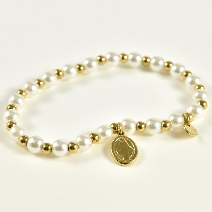 BRACELET PERLES GRIS METALLISE MEDAILLON ACIER INOX GOLD PETIT PRIX