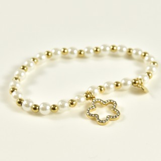 BRACELET PERLES GRIS METALLISE MEDAILLON ACIER INOX GOLD PETIT PRIX