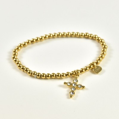 BRACELET ELASTIQUE PERLES CROIX STRASS ACIER INOX GOLD PETIT PRIX