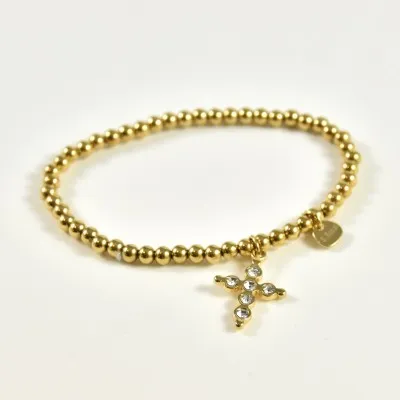BRACELET PERLES GRIS METALLISE MEDAILLON ACIER INOX GOLD PETIT PRIX