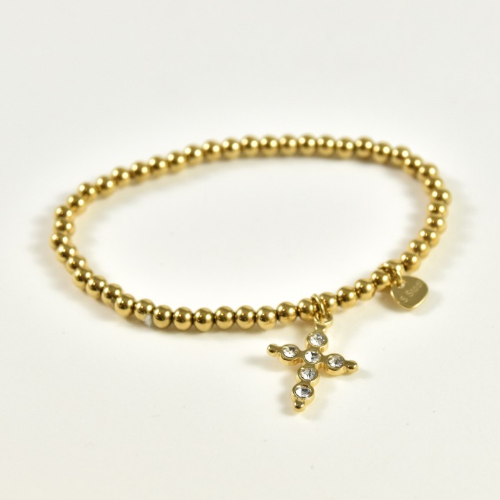 BRACELET ELASTIQUE PERLES CROIX STRASS ACIER INOX GOLD PETIT PRIX