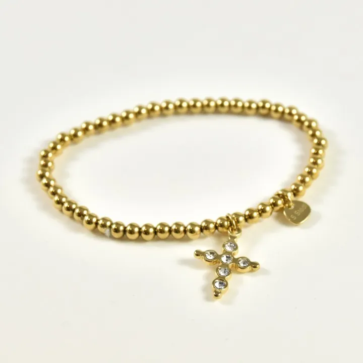 BRACELET PERLES GRIS METALLISE MEDAILLON ACIER INOX GOLD PETIT PRIX