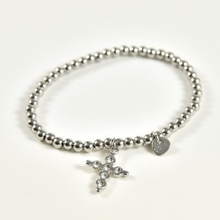 BRACELET ELASTIQUE PERLES CROIX STRASS ACIER INOX SILVER PETIT PRIX