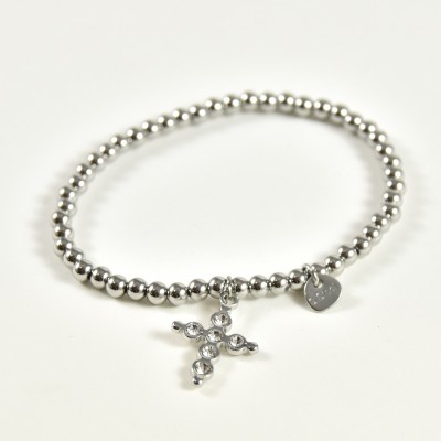 BRACELET ELASTIQUE PERLES CROIX STRASS ACIER INOX SILVER PETIT PRIX