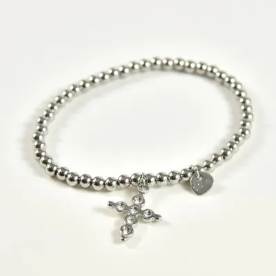 BRACELET PERLES GRIS METALLISE MEDAILLON ACIER INOX GOLD PETIT PRIX