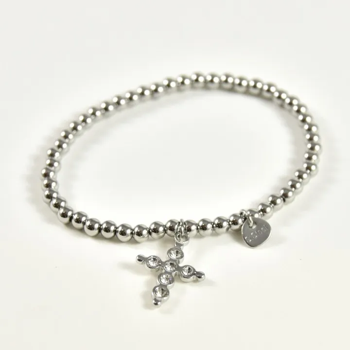 BRACELET PERLES GRIS METALLISE MEDAILLON ACIER INOX GOLD PETIT PRIX