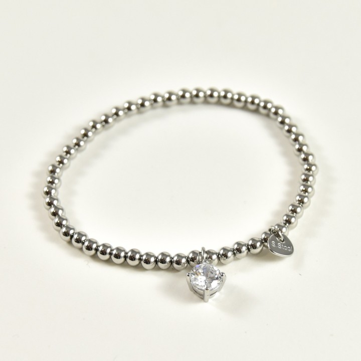 BRACELET ELASTIQUE PERLES STRASS ACIER INOX SILVER PETIT PRIX