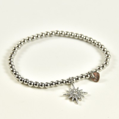 BRACELET ELASTIQUE PERLES SOLEIL STRASS ACIER INOX SILVER PETIT PRIX
