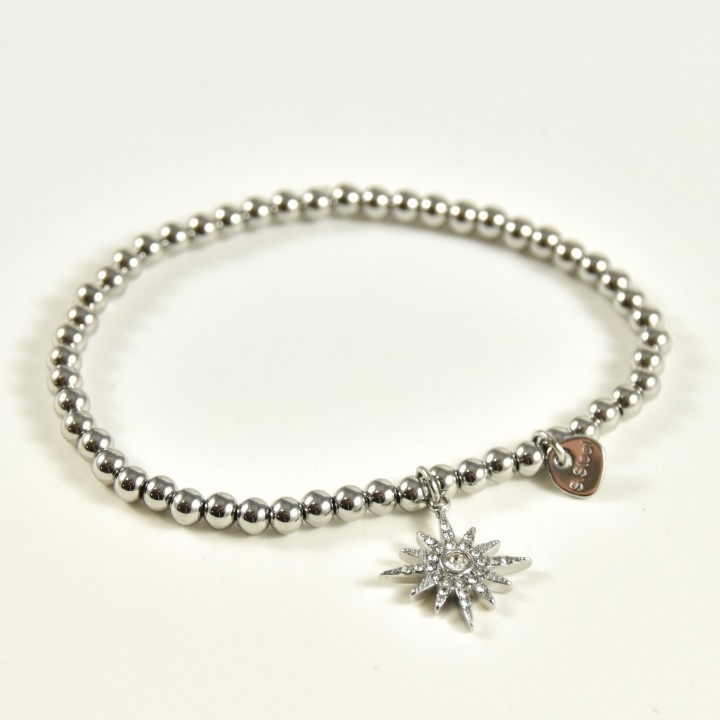 BRACELET ELASTIQUE PERLES SOLEIL STRASS ACIER INOX SILVER PETIT PRIX
