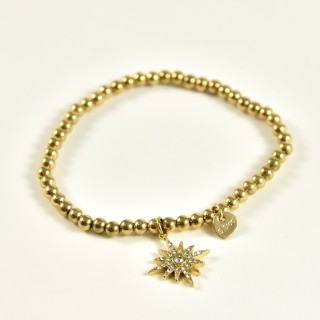 BRACELET PERLES GRIS METALLISE MEDAILLON ACIER INOX GOLD PETIT PRIX