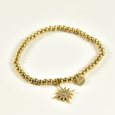 BRACELET PERLES GRIS METALLISE MEDAILLON ACIER INOX GOLD PETIT PRIX
