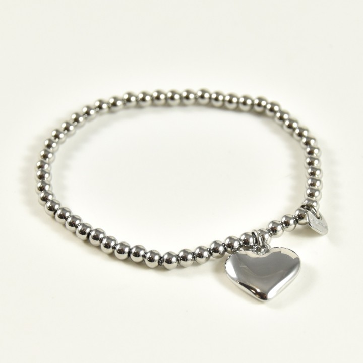 BRACELET ELASTIQUE PERLES COEUR ACIER INOX SILVER PETIT PRIX