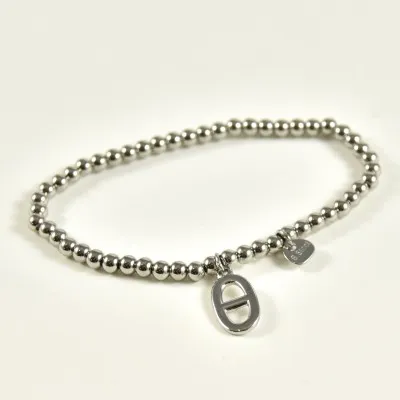 BRACELET PERLES GRIS METALLISE MEDAILLON ACIER INOX GOLD PETIT PRIX