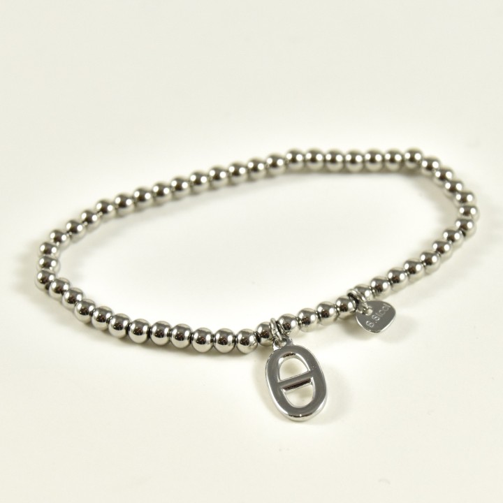 BRACELET ELASTIQUE PERLES MEDAILLON OVALE ACIER INOX SILVER PETIT PRIX